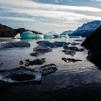 Patagonia, grey glacier lake floating ice
