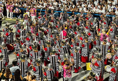 Samba marching band with fun patterned costumes