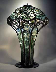 Tiffany library lamp, cobweb design shade, mosaic floral base, leaded glass mosaic, bronze, c. 1900